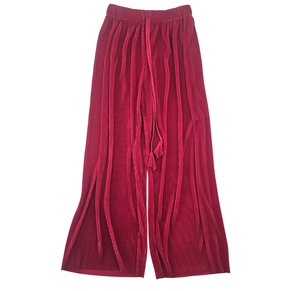 I‎ Believe Red Pleated Wide Leg Plisse Pants High Slit Drawstring Medium